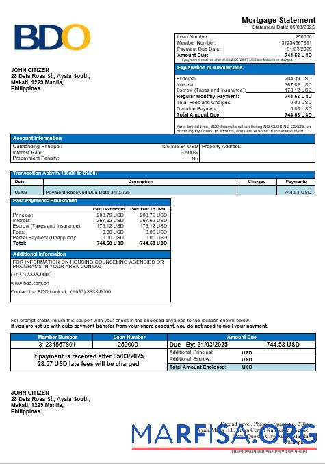 Blank Philippines BDO mortgage statement in Word and PDF format sample